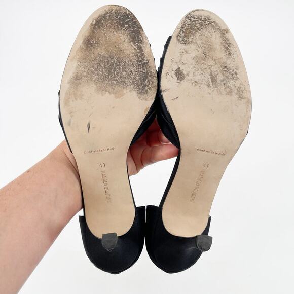 Manolo Blahnik y2k Black Satin Sedaraby Crystal D’Orsay Peep Toe Heels IT 41 - Picture 13 of 14